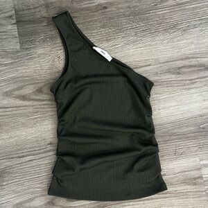 Mango One-Shoulder Ribbed Tank Top - Dark Green